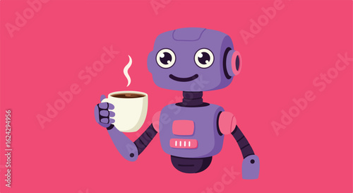 Cute, purple robot holds coffee, on a red background. Useful for tech blogs