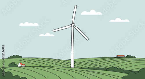 Turbine spins in field generating power as clouds drift by houses in background