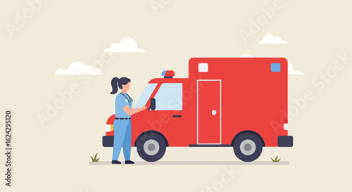 Nurse checks red ambulance parked in front of cloudy skies. For health posters