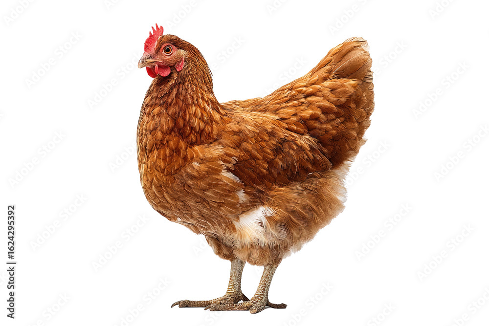 Fototapeta premium A brown hen with a fluffy body, vibrant feathers, and a distinctive red comb, standing upright in a confident posture.