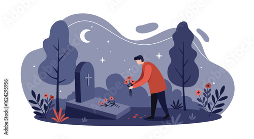 Flowers at grave with the night sky, stars, moon, and trees in the background