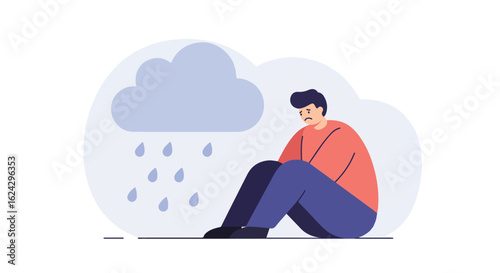Depressed Man Sits Under Rain Cloud. Illustration for Mental Health Awareness