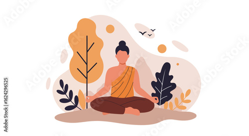 Relaxing figure meditating in lotus position. Birds flying in stylized landscape