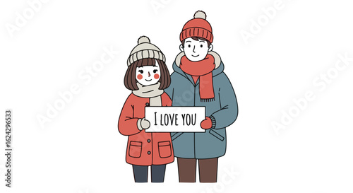 Winter Love: Couple Holding "I Love You" Sign Illustration