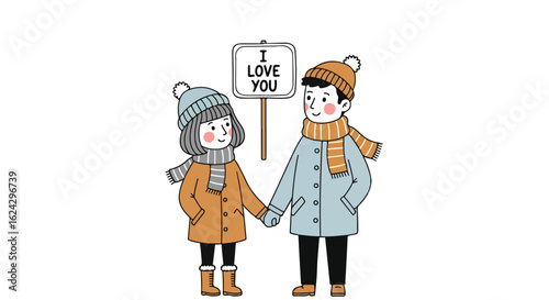 Cozy Winter Couple with "I Love You" Sign