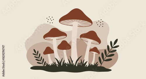 Fungi Illustration Mushrooms growing in tall grass, with abstract shape background