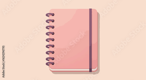Pink spiral notebook with band on neutral background, for writing or drawing