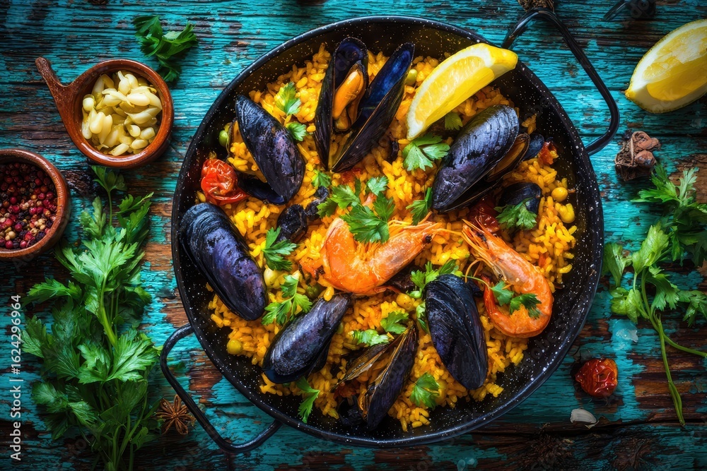 Fototapeta premium Seafood Paella on rustic board