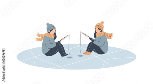 Winter Fishing Duo: Leisure on Ice in Minimalist Style