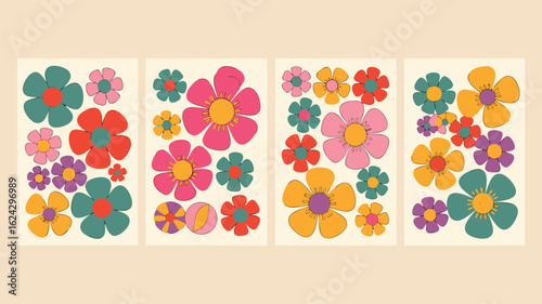 Retro Floral Art Four Panels of Groovy Flower Illustrations in Pink, Yellow, and Teal