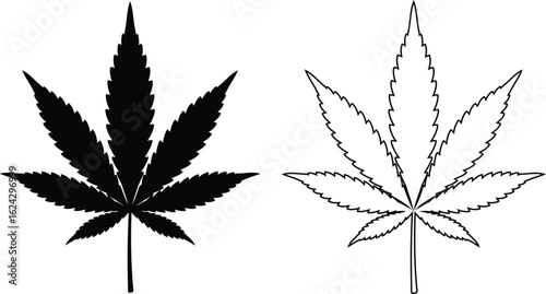 Two cannabis leaves one solid black silhouette and one outline silhouette