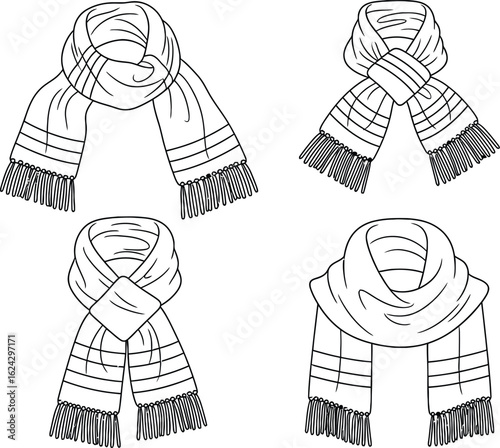 Collection of winter scarves with tassels and stripes silhouette