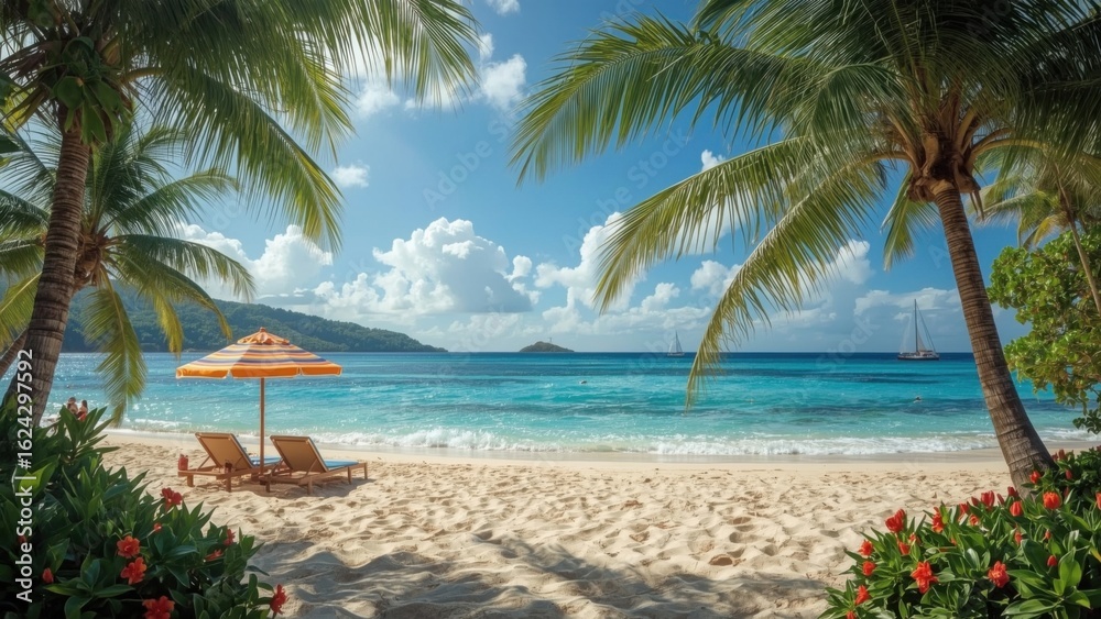 Fototapeta premium Serene Tropical Beach Paradise With Lounge Chairs And Palm Trees On A Sunny Day