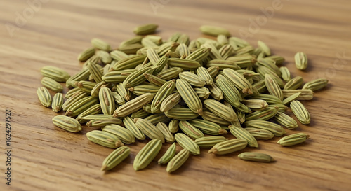 A close-up view of a scattered pile of aromatic green fennel seeds on a rustic wooden table background.