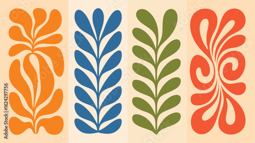 Colorful Retro Floral Pattern Featuring Orange, Blue, Green, and Red Botanical Illustrations on Beige