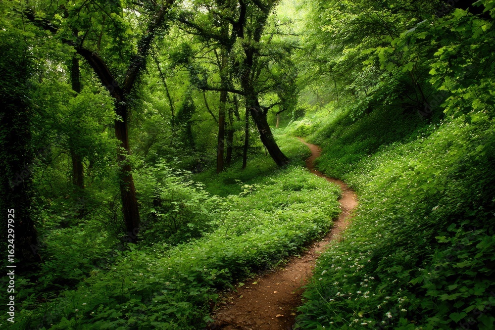 Fototapeta premium Lush woodland path winding through dense greenery
