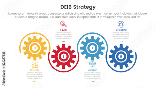 DEIB diversity strategy infographic 4 point stage template with gear shape on horizontal line up and down for slide presentation