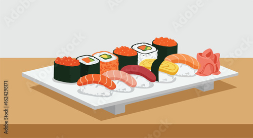 Various sushi displayed on a square platter on a table, against a plain background