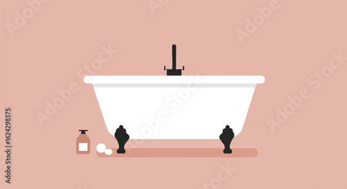 Clawfoot bathtub near dispenser in bathroom with neutral flat background for adverts