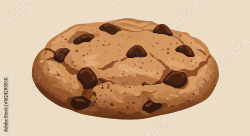 Single chocolate chip cookie on light beige background.  Sweet treat use