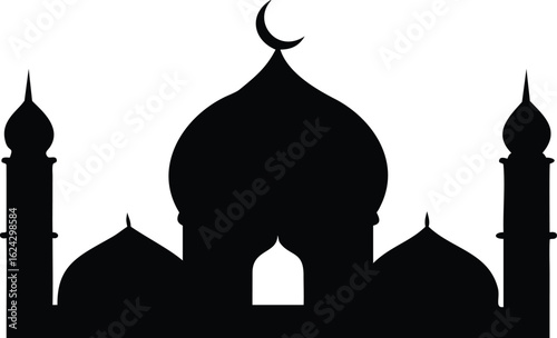 mosque silhouette, arabic architecture, domes and minarets, islamic religious building, black and white illustration
