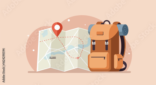 Backpack with map showing marked route against a peach-colored backdrop for travel plans
