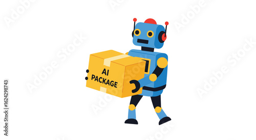 Robot carrying an AI package on a white background for use in tech or innovation