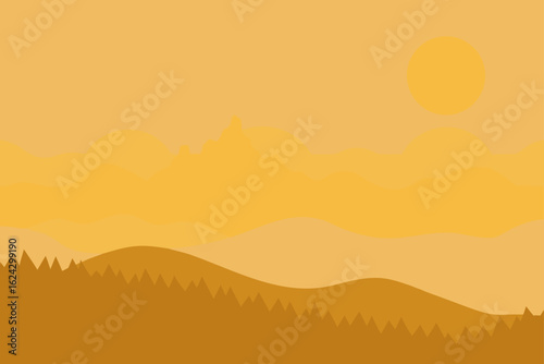 Minimalist orange landscape with rolling hills and sun