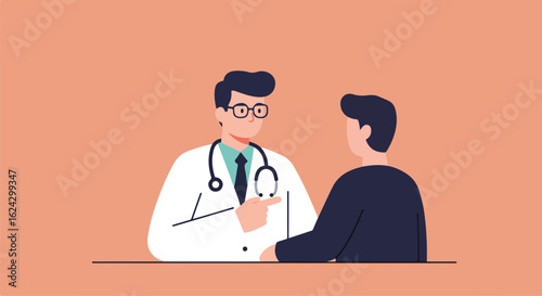 Doctor explaining treatment to a patient, in a clinic, with an orange background