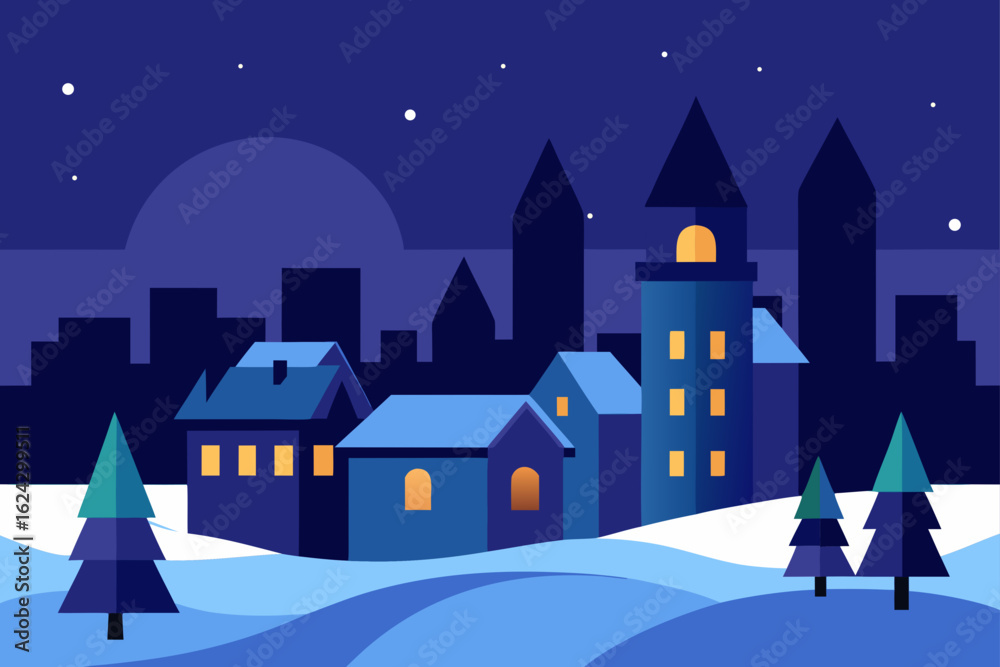 Fototapeta premium Cozy winter village scene at night