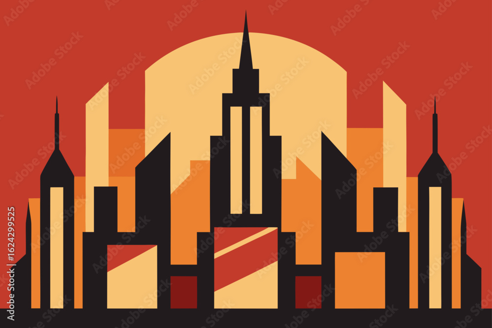 Obraz premium Art deco cityscape with a sunset