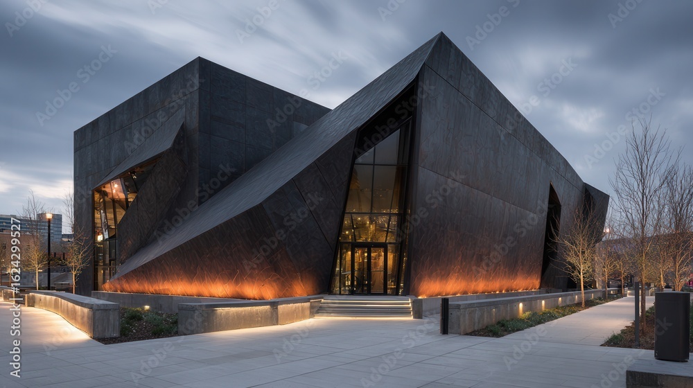 Fototapeta premium cyberbrutalist culture center, angular forms, dark metal cladding, ambient tech lights 