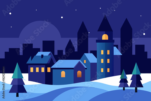 Cozy winter village scene at night