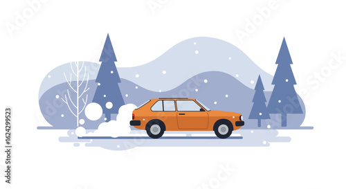Car Driving Snowy Path in Winter Woods Leaving Exhaust, Graphic for Card