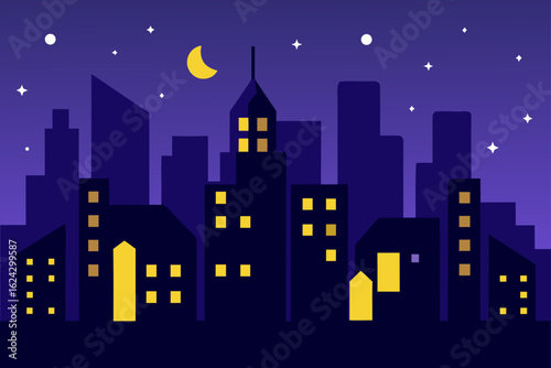 Stylized city skyline at night with crescent moon and stars