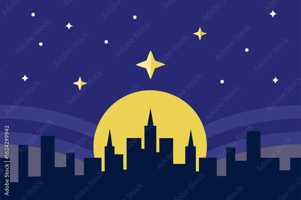 Fototapeta premium Stylized city skyline under a starry night sky with a large moon