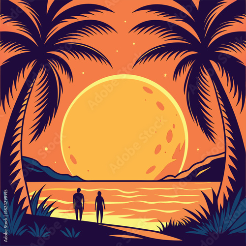 Vector art of couple watching the sunset on a tropical beach with palm trees and moon