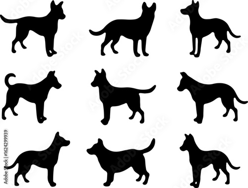  Dog Silhouettes in Various Poses vector bundle