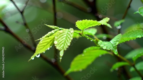 Wallpaper Mural Close-up of thin branches with wet green leaves. Serene forest foliage in soft focus. Macro shot of dewy nature. Torontodigital.ca