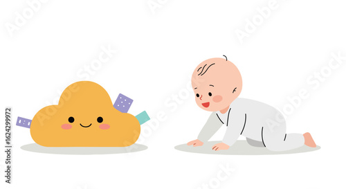 Baby Crawling Near Cloud Toy on White Backdrop for Infant Development Illustrations