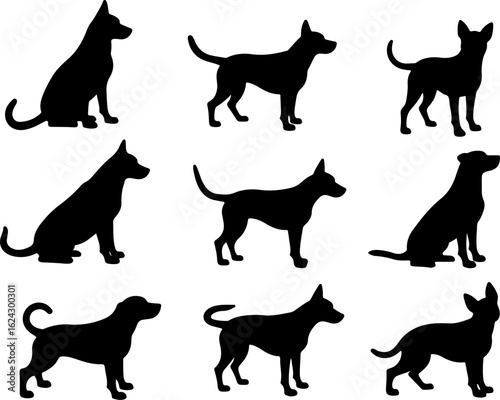  Dog Silhouettes in Various Poses vector bundle