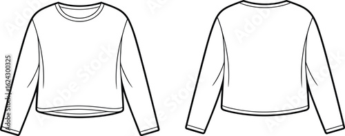 Cropped long sleeve shirt sketch, round neckline fashion design, pullover garment front and back view, clean silhouette drawing, casual apparel technical illustration.