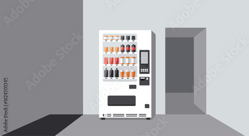 Drinks Vending machine stands inside, near open doorway, for refreshment sales