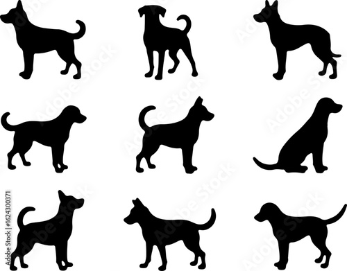  Dog Silhouettes in Various Poses vector bundle