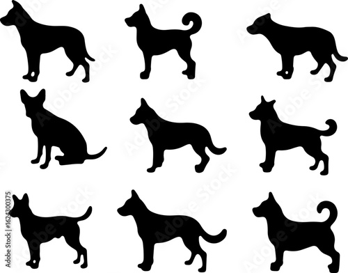  Dog Silhouettes in Various Poses vector bundle