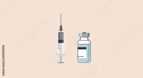 Vial and syringe on light beige surface ready for injection. Medicine concept