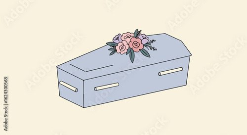 Illustration of coffin with flowers on top. Beige background. Death symbolism