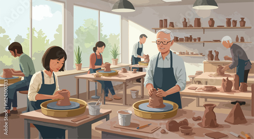 Adults Throwing Clay on Pottery Wheels in Class with Shelves of Vases, Bowls
