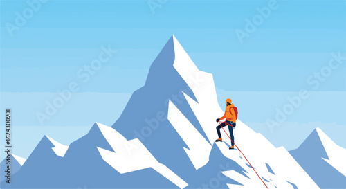 Hiker ascends snow mountain. Peak in background. For adventure, grit, perseverance