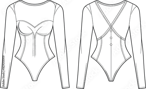 Bodysuit front and back view, fashion technical illustration, long sleeve garment, sweetheart neckline, underwire design, structured silhouette template, garment stitching detail.